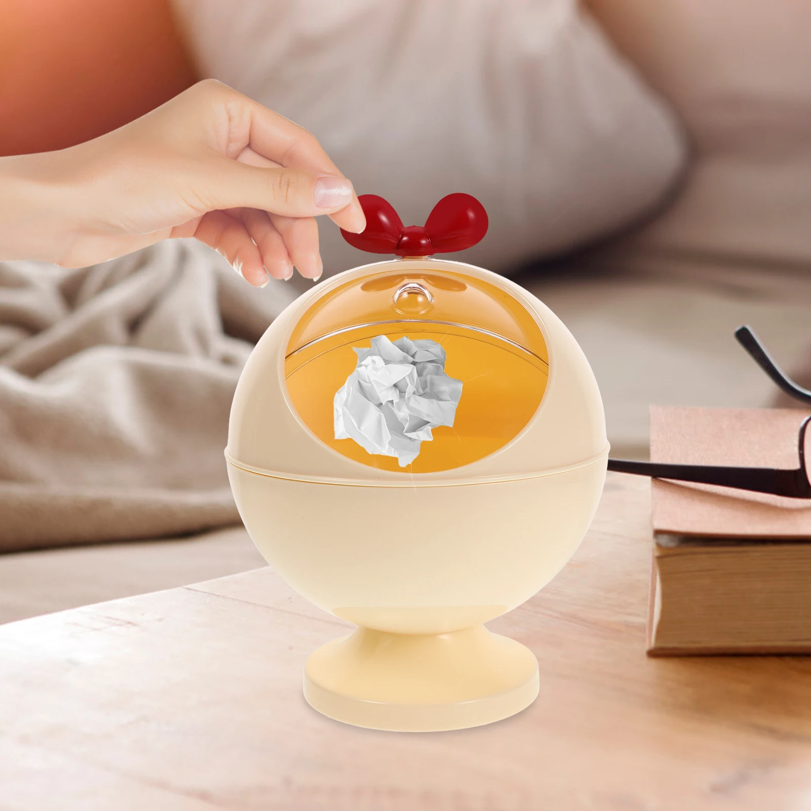 

Cute Desktop Trash Can Mini Multifunctional Plastic Container Cream Color Large Capacity Roll Top Lid Storage Bowl For Home