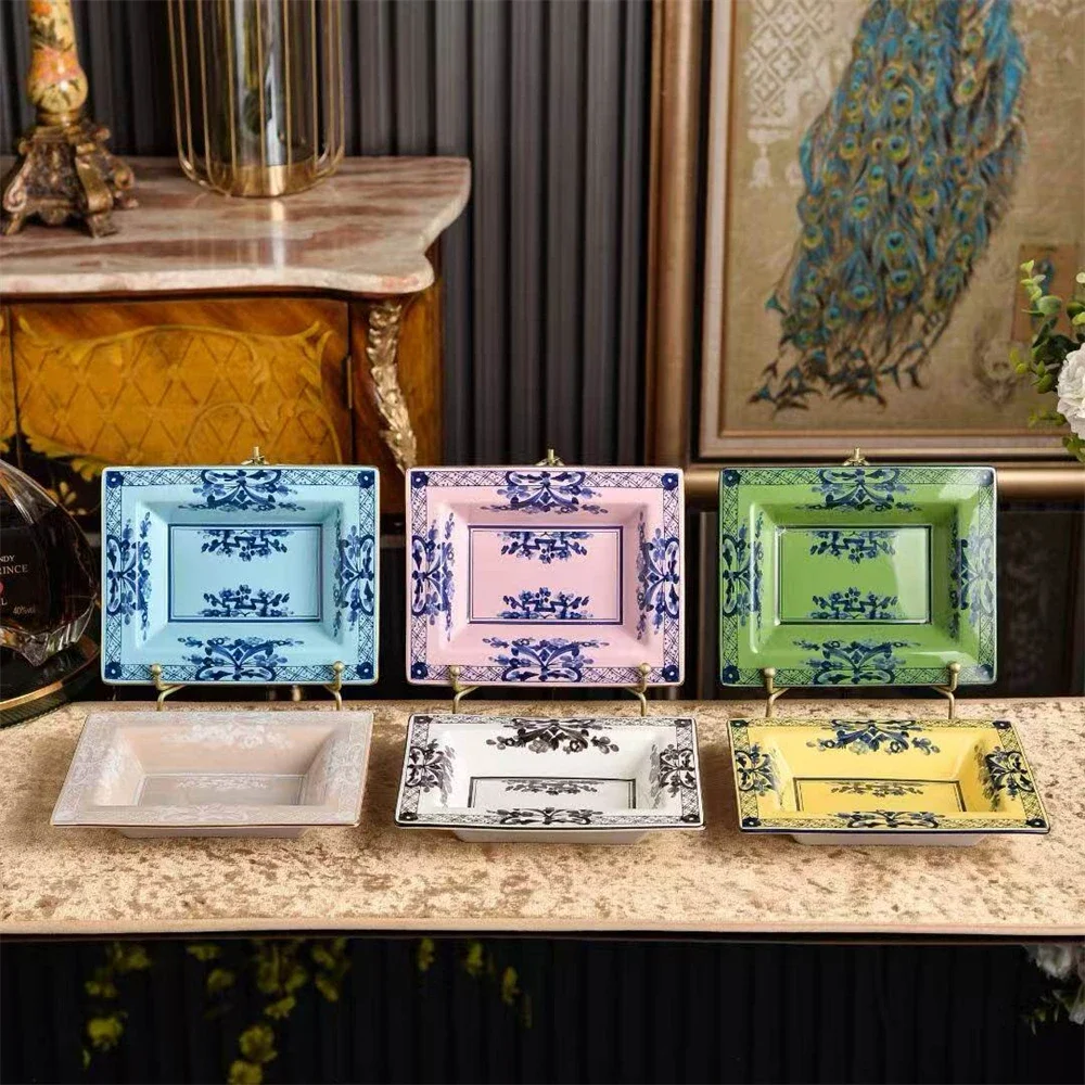 European-style Ceramic Tableware Square Plate Storage Plate Kitchen Supplies Ashtray Multicolor Printed Plate Gift Boxes