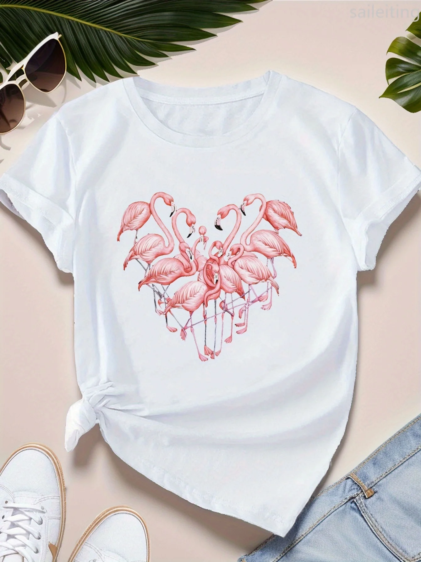 Flamingi Serce Damska Koszulka Sportowa z Krótkim Rękawem Harajuku Casualowa Damska Koszulka Ubrania Uliczne Top T-shirty Estetyczne Ubrania