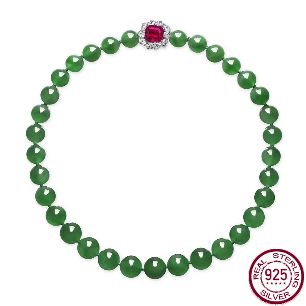 

New S925 Pure Silver Gold Plated Necklace with Green Natural Jade Marrow New Chinese Banquet Necklace Wedding Jewelry