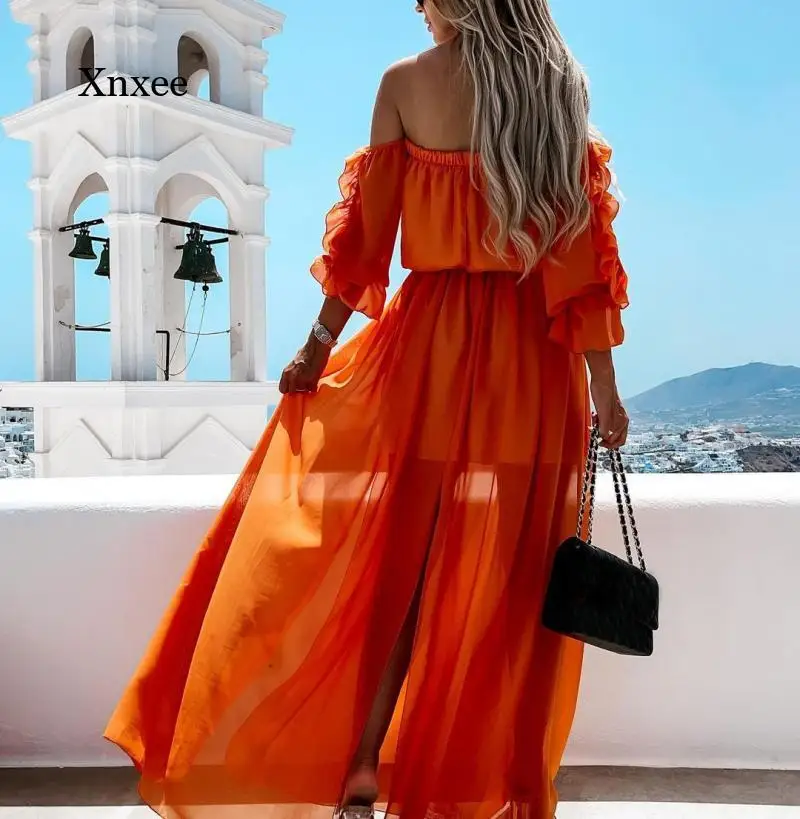 Summer Fashion Ladies Slash Neck Slash and Floor Length Ruffle Maxi Dress Lace Up Casual Beach Solid Style Dress