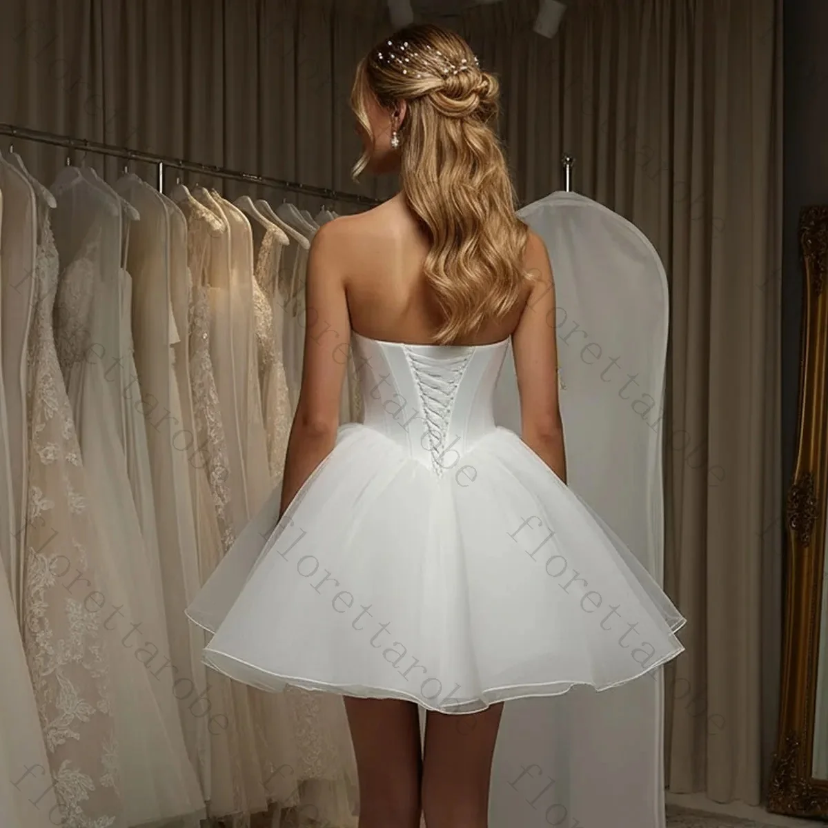 Customized Strapless Straight Neck Mini Wedding Dress Glossy Organza A-Line Puffy Skirt Corset Lace Up Back Short Bridal Gown