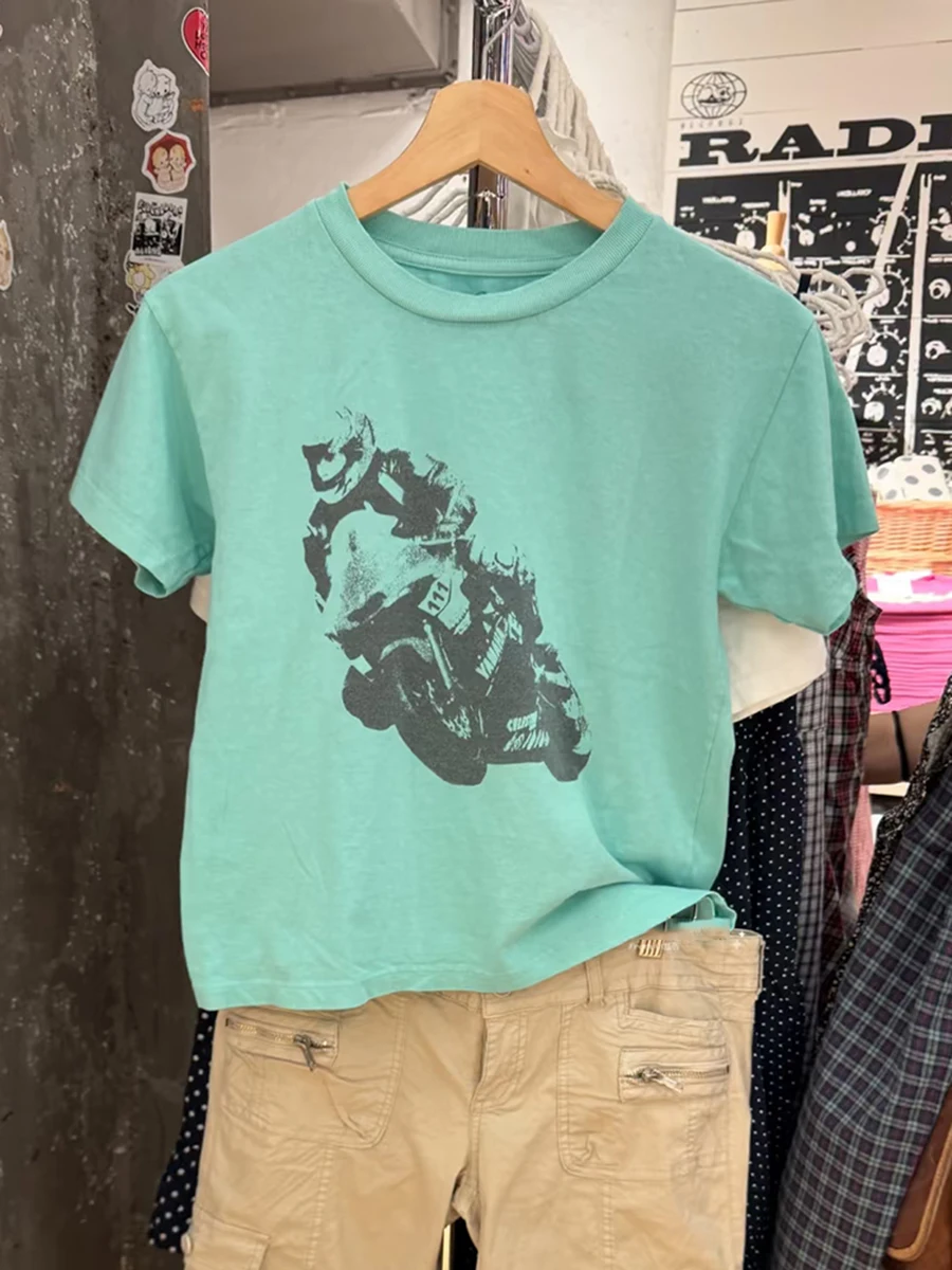 Motorcycle Graphic Print Crop Top Woman Round Neck Short Sleeve Cotton Summer Tee Tops Casual Y2k Streetwear Green New Tshirts