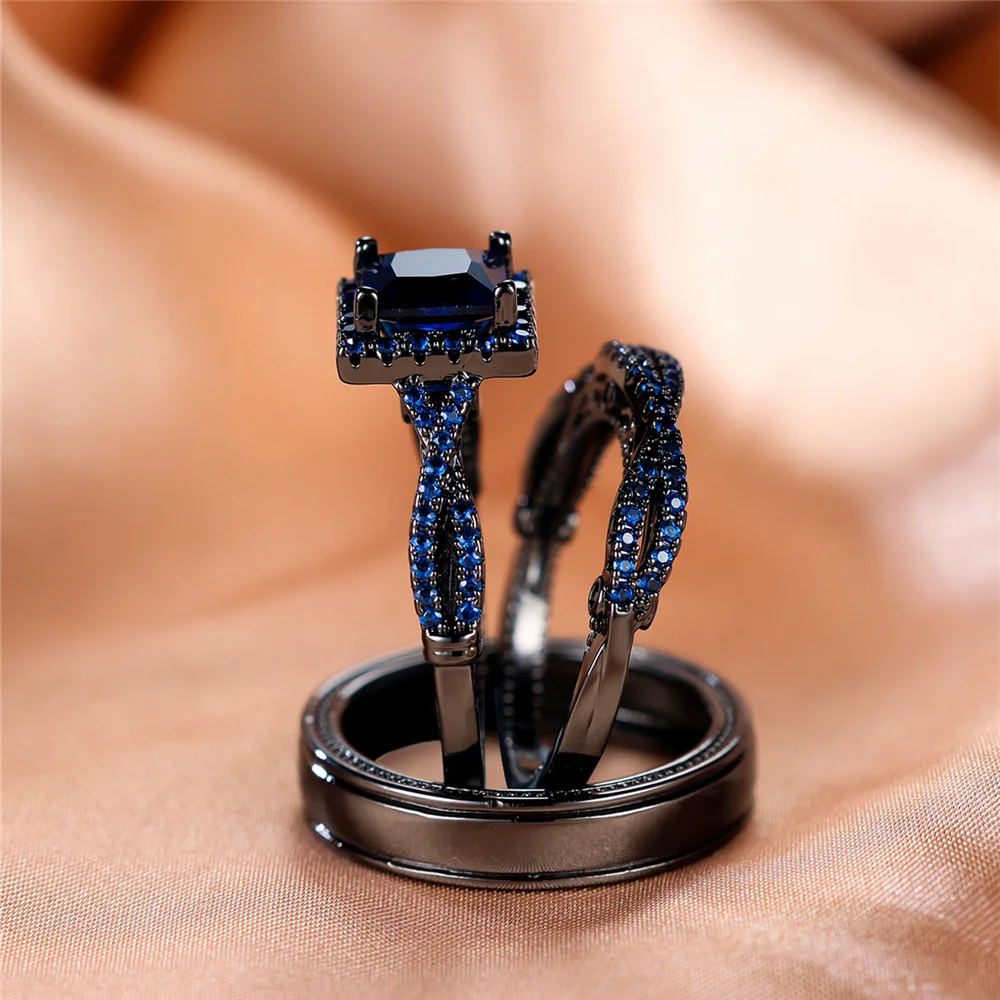 3pcs Luxury Female Crystal Green Blue Zircon Stone Engagement Ring Set Vintage Black Gold Color Wedding Jewelry For Women