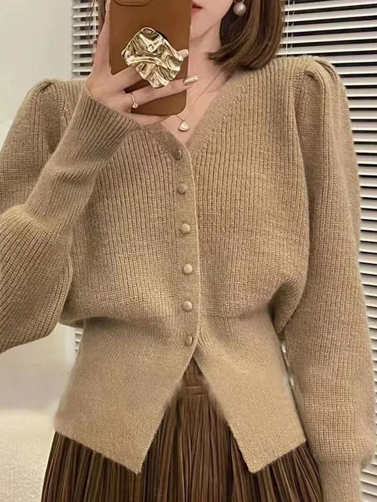 Women's Fashion V-neck Knitted Sweater Slimming Waist Design Belted New Style European Goods Lower Split Design Cardigan Coat