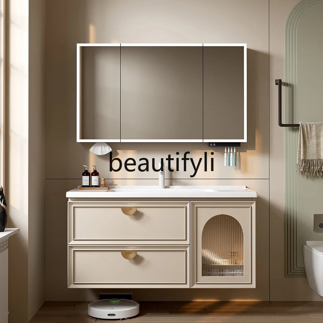 

Shidisha's new cream wind bathroom cabinet combination rock slab ceramic seamless basin washbasin bathroom cabinet washstand