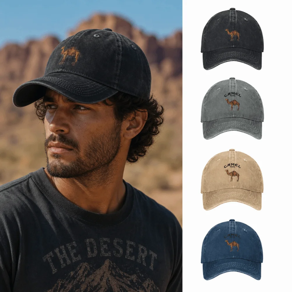 Vintage Adjustable Camel Print Baseball Cap Breathable Sun Protection Dad Hat Curved Brim Washed Cotton Cap For Men Women