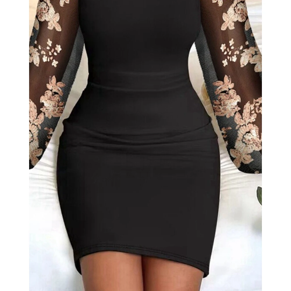 Autumn Women Floral Embroidery Design Sheer Mesh Lantern Sleeve Bodycon Dress Elegant Korean Fashion Black Sexy Mini Dress