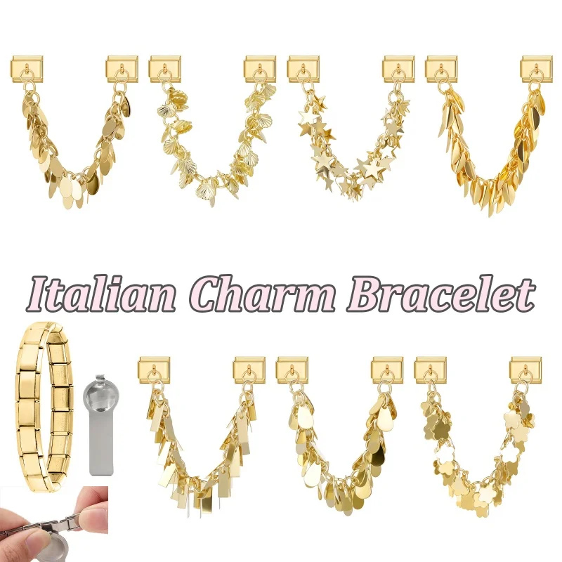 New Golden Charm Shell Star Flowers Leaves Double-Chain Tassel Italian Links Fit 9MM Stainless Steel Bracelet Women DIY Handmade