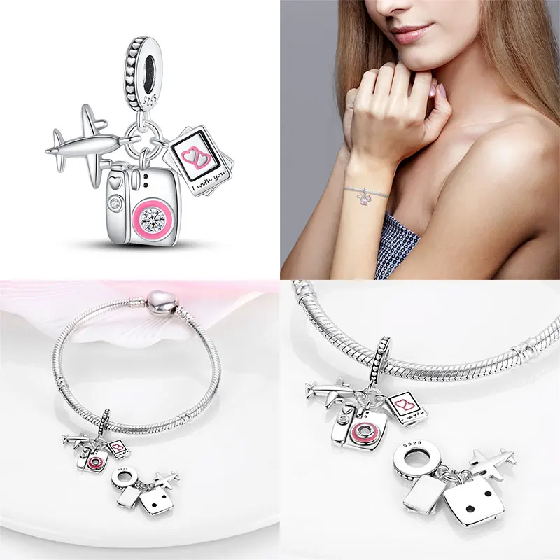 Hot Sale Luggage Airplane Passport Three-piece Set 925 Silver Charms Fit 925 Original Bracelet Jewelry Making For Women Gift
