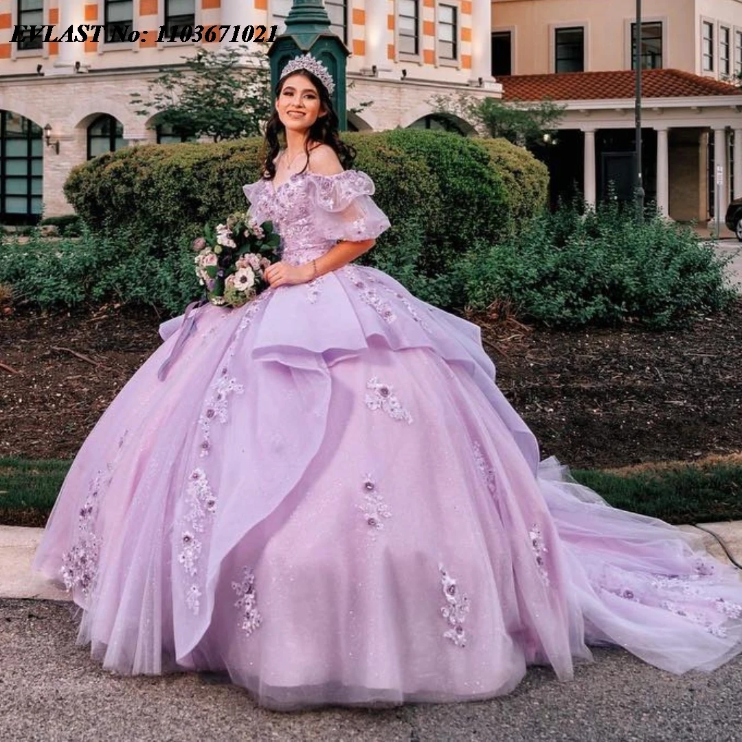 EVLAST-Quinceanera Lace vestido de bola, Beading Applique, Lavanda Sparkly, Espartilho De Cristal, Sweet 16, SQ372