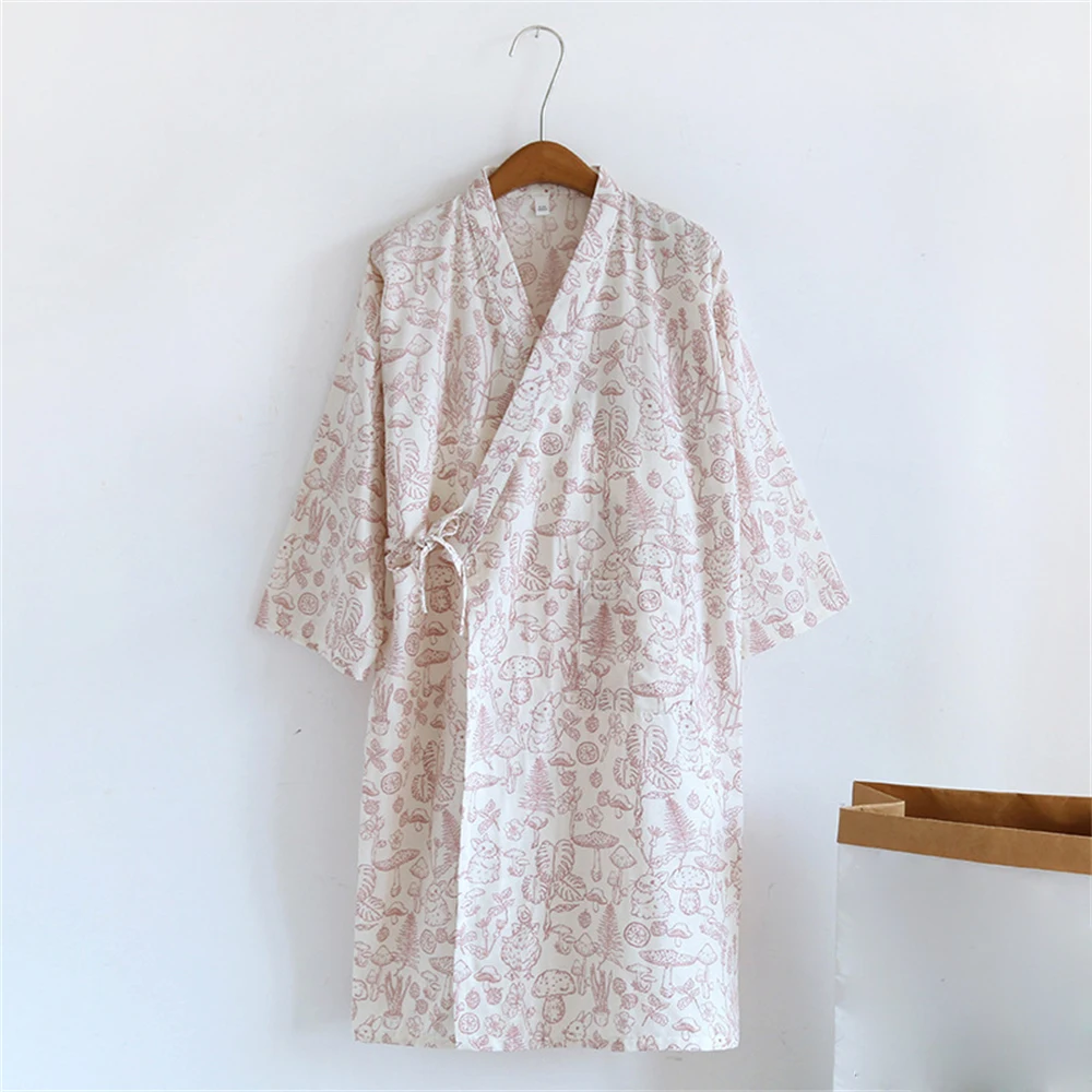 Spring Summer Thin Kimono Bathrobe Women Cotton Lace-up Robe Loose Homewear Nightgowns Ladies Casual V-neck Breathable Sleepwear