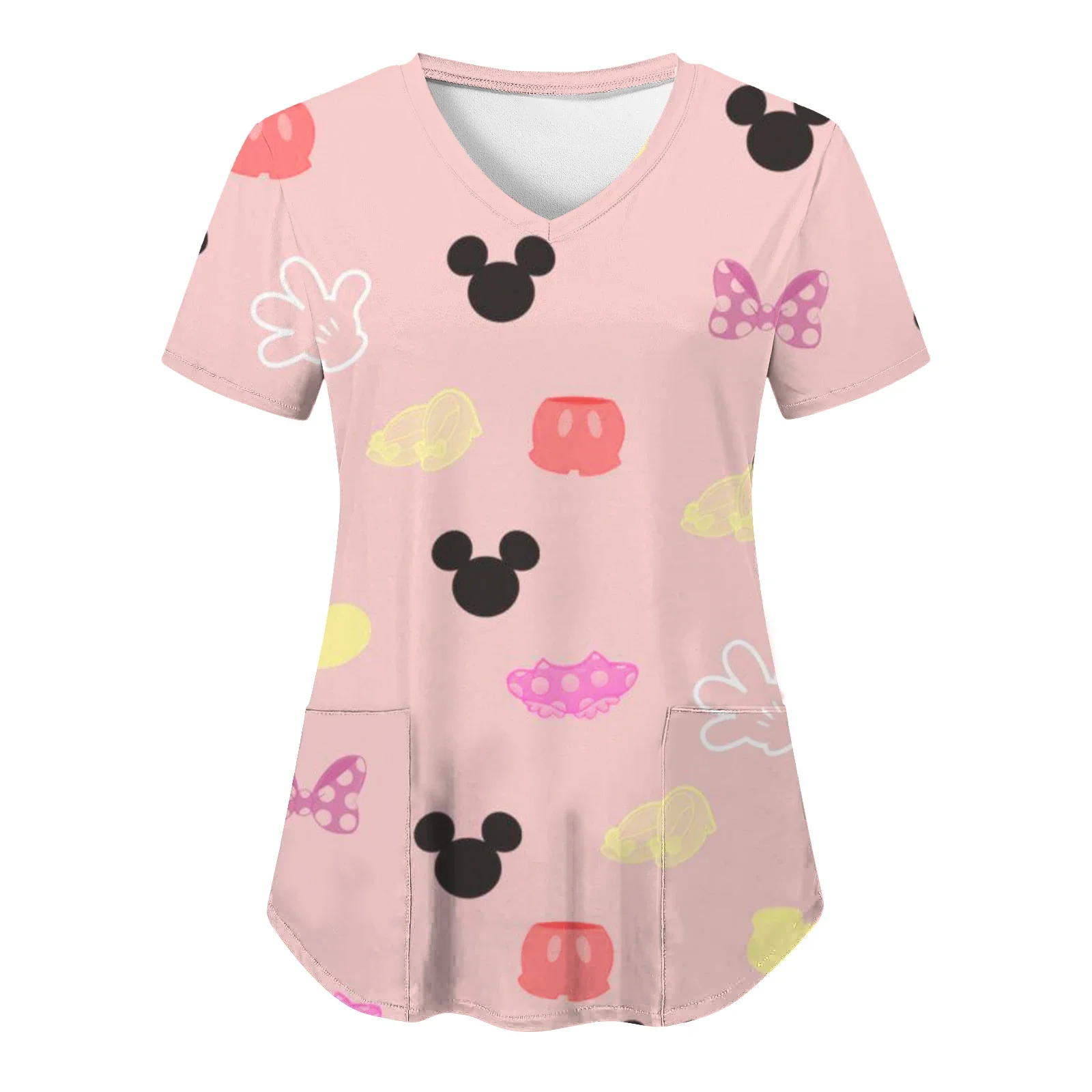 Mickey T Shirt V Neck Top Women 2023 Pocket T-shirt Disney T-shirts Hospital Nurse Uniform Tops Minnie Mouse Woman Clothes Tees