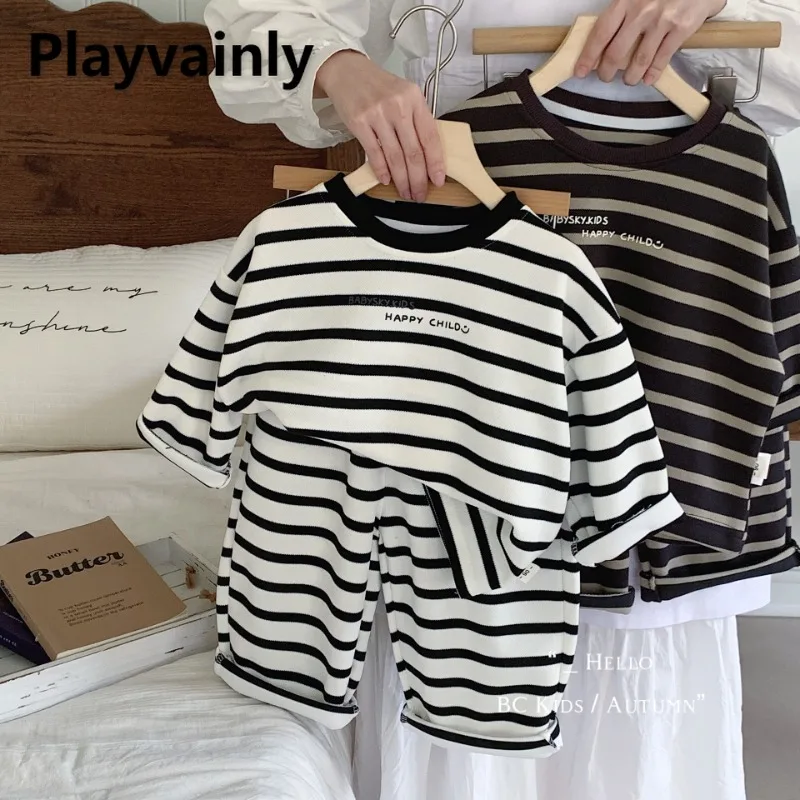 

Children Casual Long Sleeve Sets 2025 New Spring Autumn Boys O-neck Stripe T-shirt+Loose Pants Kids Sports 2-piece Suit A0327