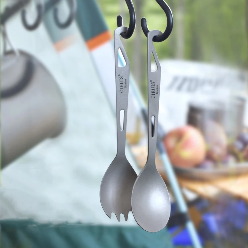 

Titanium Camping Spork - Matte Finish Outdoor Fork Spoon Combo with Bottle Opener & Hook Lightweight Portable Cutlery For Hiking