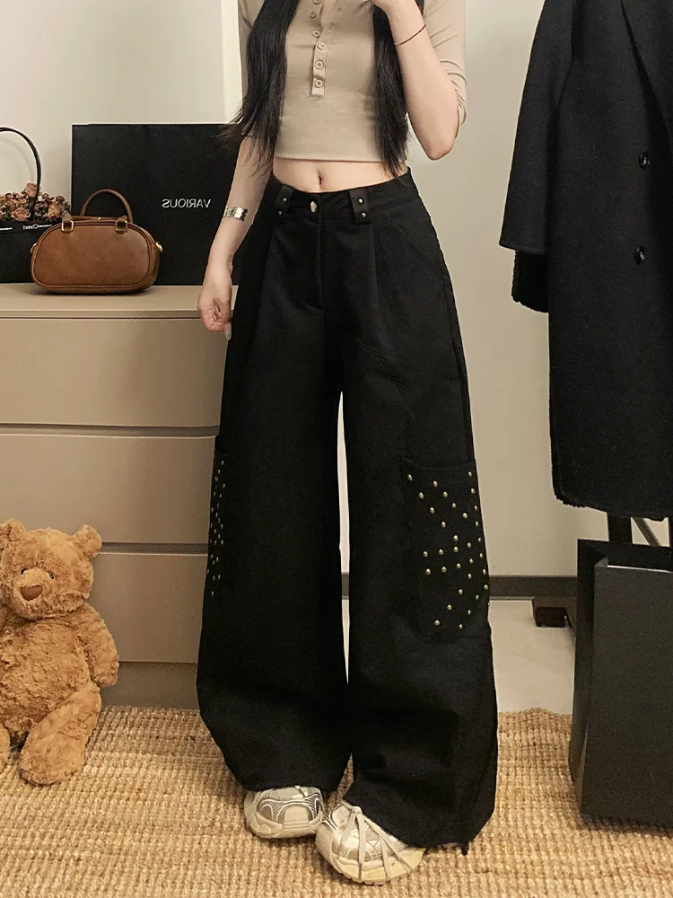 

Women's Y2K Gothic Black Streetwear High Waist Retro Wide Leg Pants with Rivets Casual Trousers American Fashion Harajuku Style