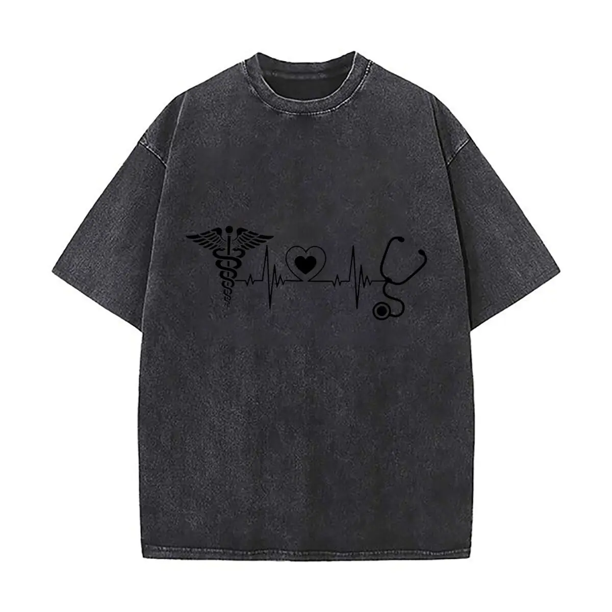 Medical Heartbeat Caduceus Heart Stethoscope Doctor Nurse Distressed Faded Baggy Streetwear Tops for Park Hangouts