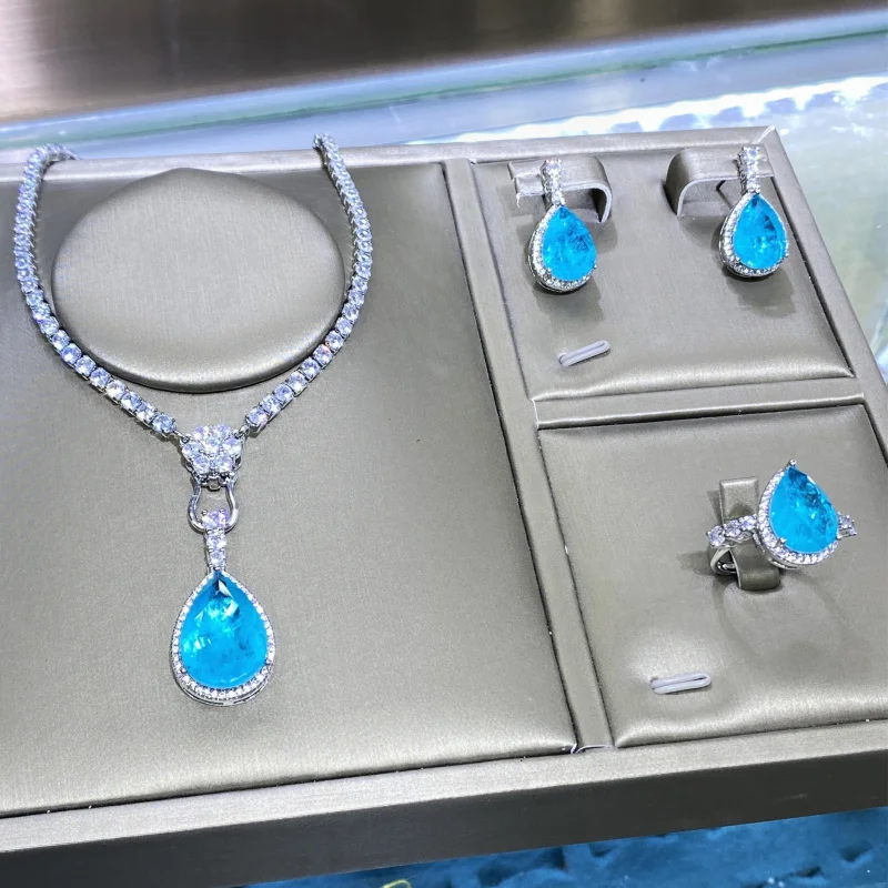 With Cotton Filling Paraiba Full Diamond Luxurious Open Ring Female Temperament Pendant Earrings Three-piece Set