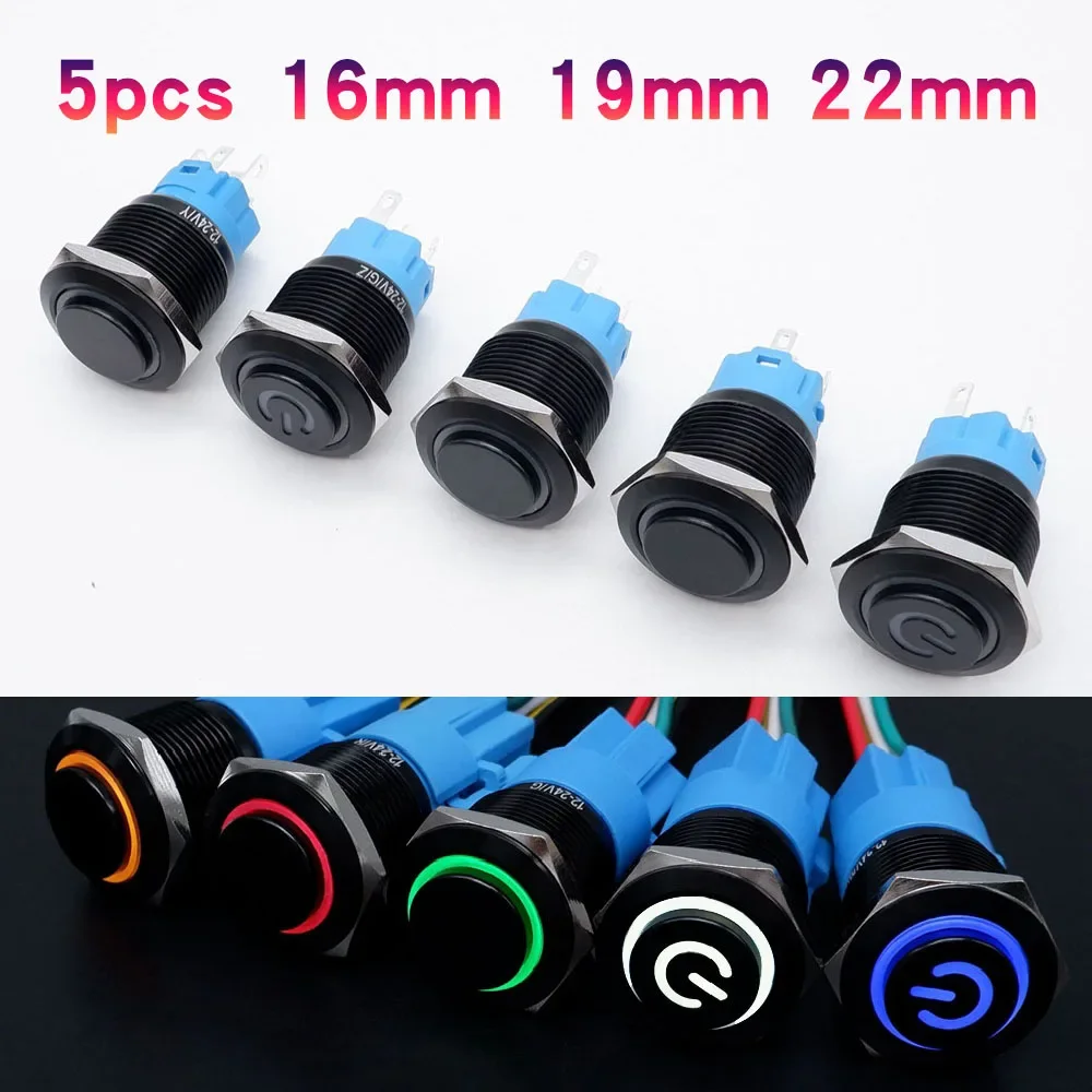 

5pcs 12V 16mm 19mm 22mm Metal Push Button Switch LED Light No Connector Momentary Latching Car Engine Power Switch 5V 24V 220V