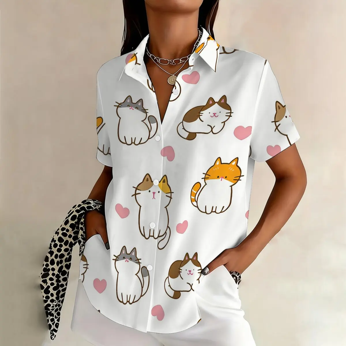

Simple and personalized cartoon love cat print summer women's plus size lapel short sleeved shirt fashionable versatile top