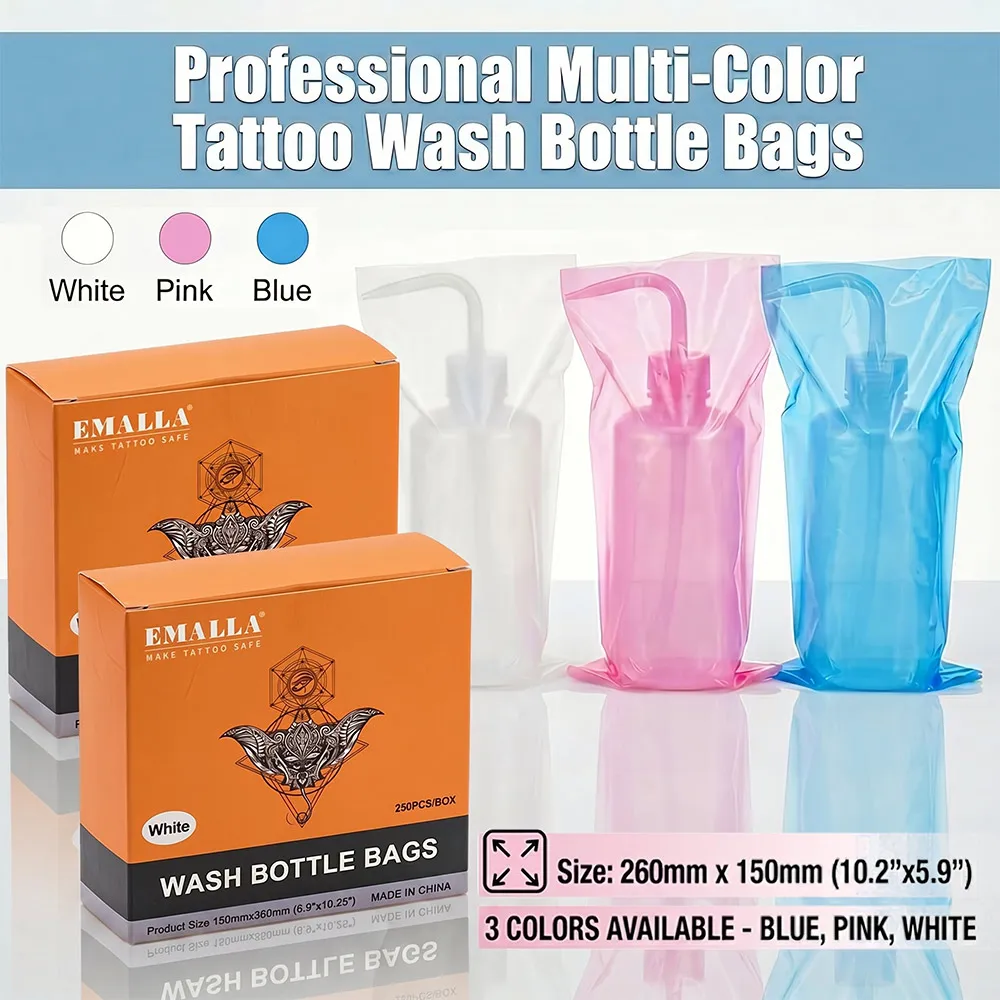 250PCS Disposable Tattoo Wash Bottle Bags Pink/Blue/White Squeeze Bottle Covers Tattoo Studio Cleaning Supplies Accessories