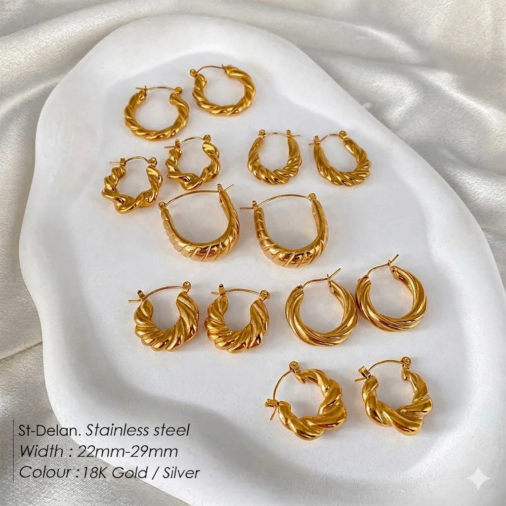 St-Delan 7 Styles of Twisted Croissant Hoop Earrings — 18K Gold-Plated Stainless Steel Hoops & Studs for Women