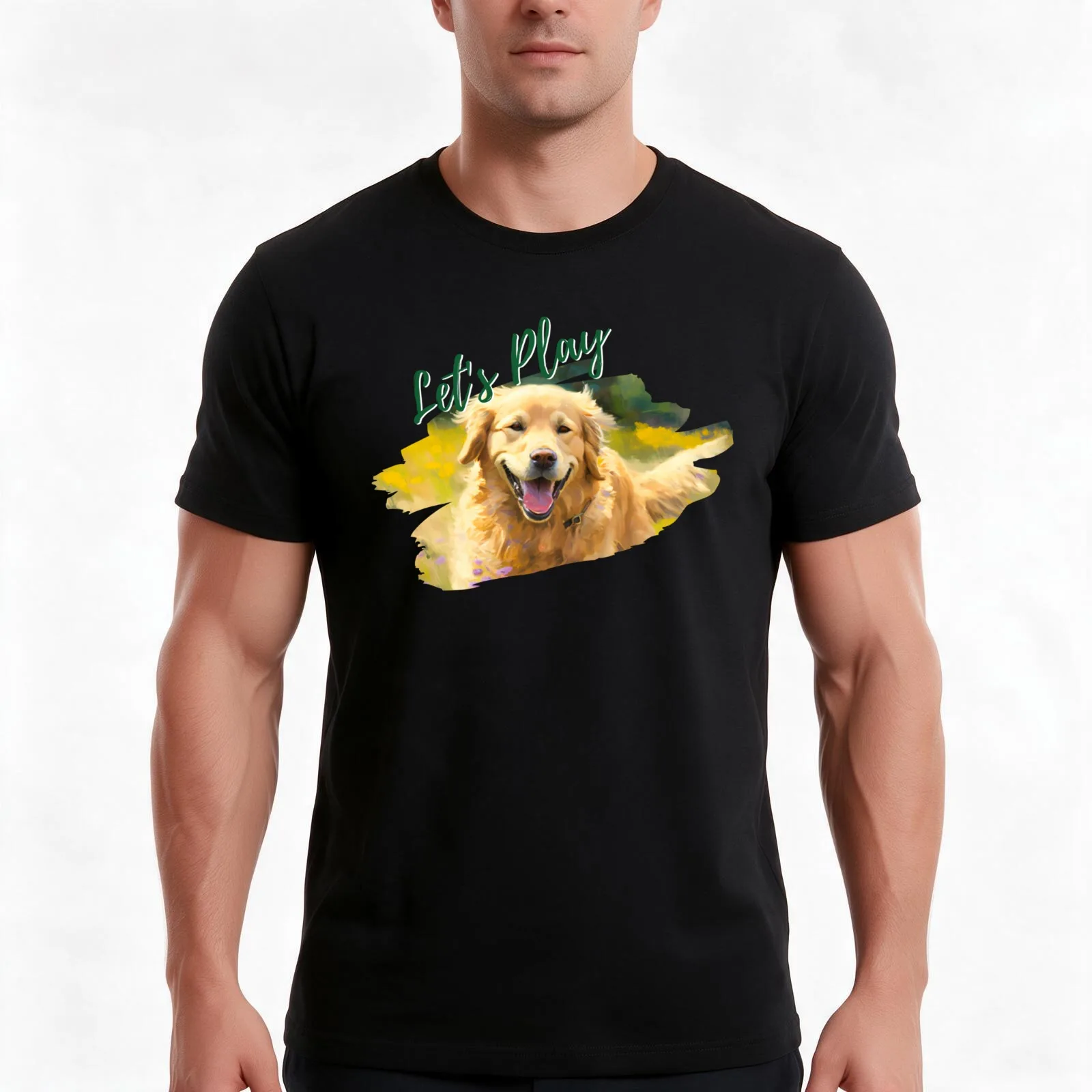 Wildflowers and Golden Retriever Impressionist Art Print T-Shirt, Summer Casual Cotton Tee, Oversized Streetwear Tops