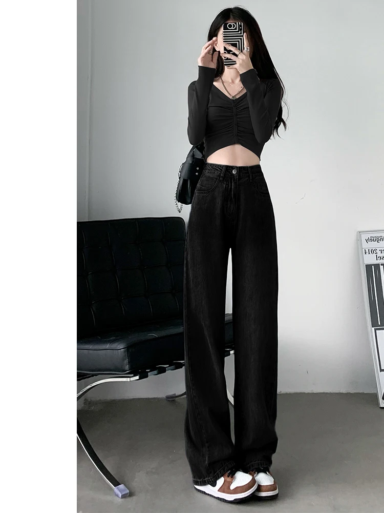 黒ストレートレッグジーンズ女性の春秋カジュアルハイウエストルーズワイドレッグパンツアメリカンスタイル痩身ジーンズ