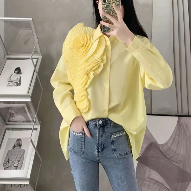 Hikigawa Chic Fashion 3D Floral Turn Down Collar Vintage Blouse Solid Elegant Shirt All Match Casual Blusas Top Mujer De Moda