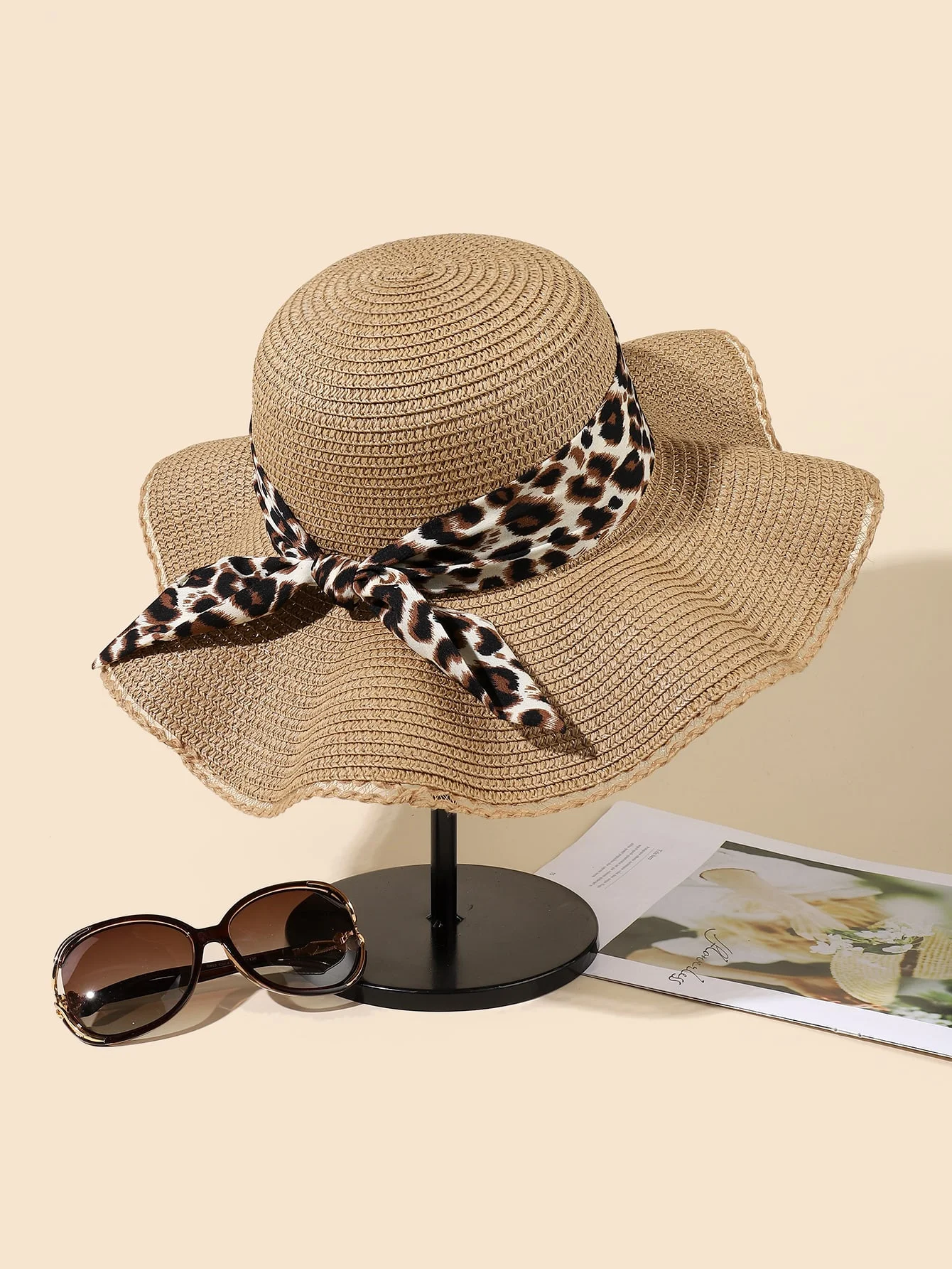 2024 New Women\'s Leopard Pattern Bow Big Eaf Straw Hat with Ribbon Sweet Straw Woven Hat Beach Hat