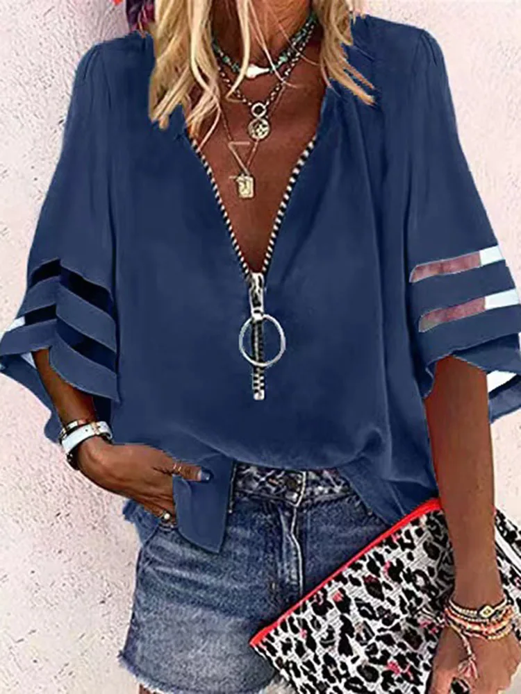 2024 Summer Shirt Sexy Lace Patchwork Flared Sleeve Mesh Solid Blouse Women Zipper V-Neck Loose Casual Tops T-Shirt Streetwear