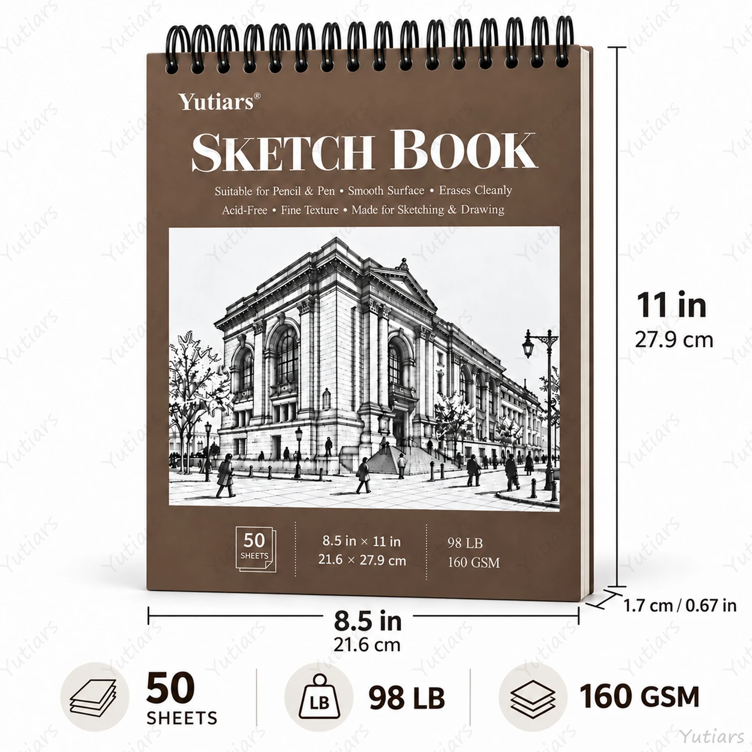 Spiral Sketchbook 160 GSM Drawing Paper, 50 Sheets Sketch Pad for Pencil, Pen, Architectural Sketching and Daily Art Practice