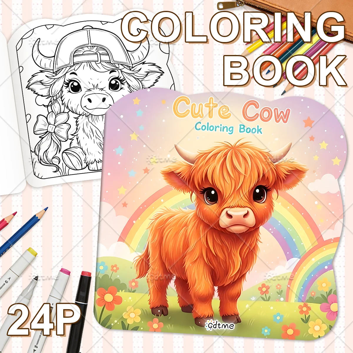 Cute Highland Cow Coloring Book, Whimsical Farm Animal Scenes for Adults, Relaxing Stress Relief Activity