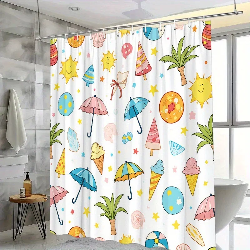 ~O~Summer Icons Shower Curtain - Playful Hand-Drawn Beach Theme, Modern Bath Decor, Polyester, 12 Hooks, 70.8x70.8 Inches