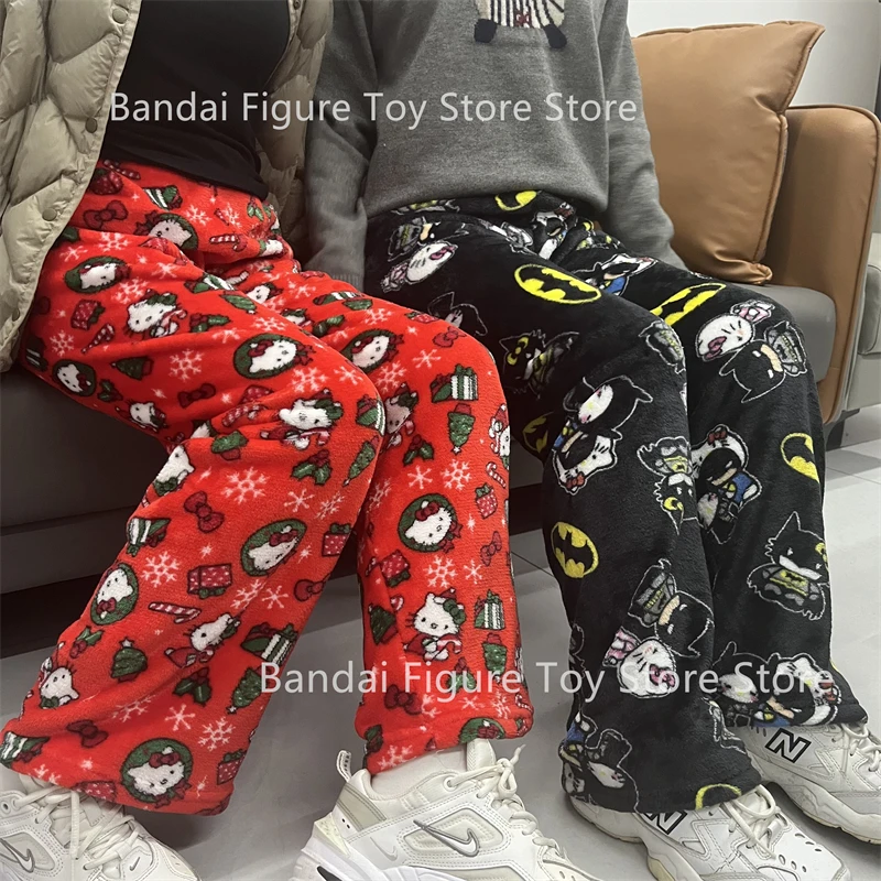 Sanrio Y2k Autumn Hellokitty Batman Pajama Pants Cartoon Hip Hop Ladies Warm Casual Plush Xmas Style Flannel Cute Pants Odzież