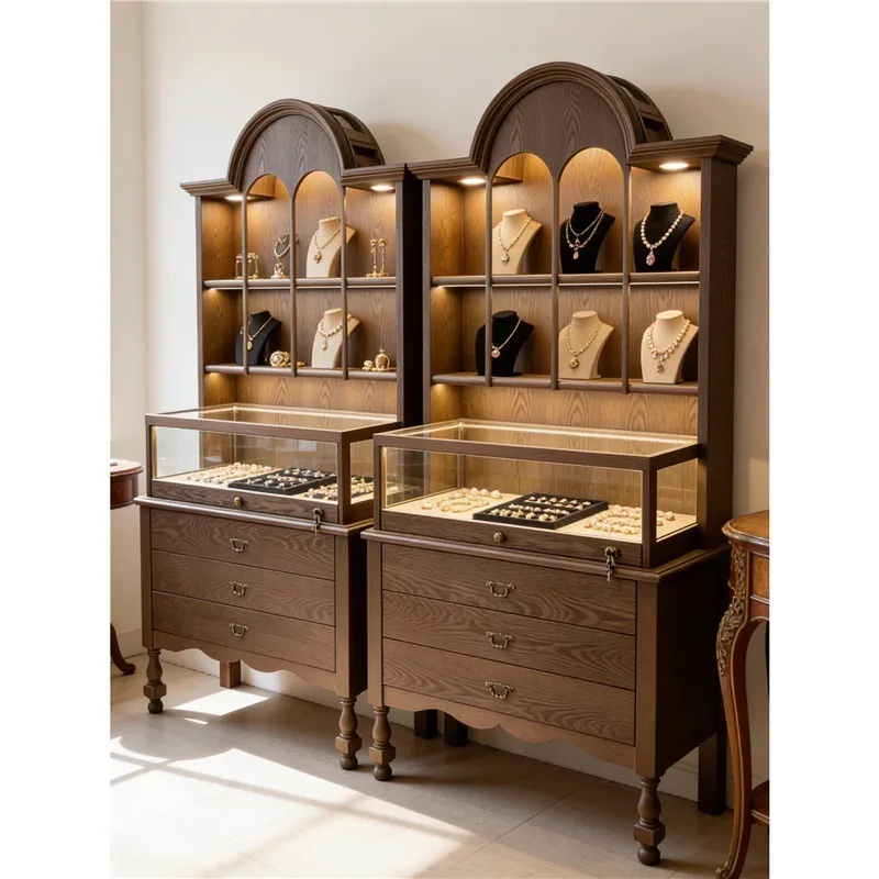 French retro jewelry display cabinet, medieval wood display cabinet, glass jewelry cabinet, buyer's store wall high cabinet