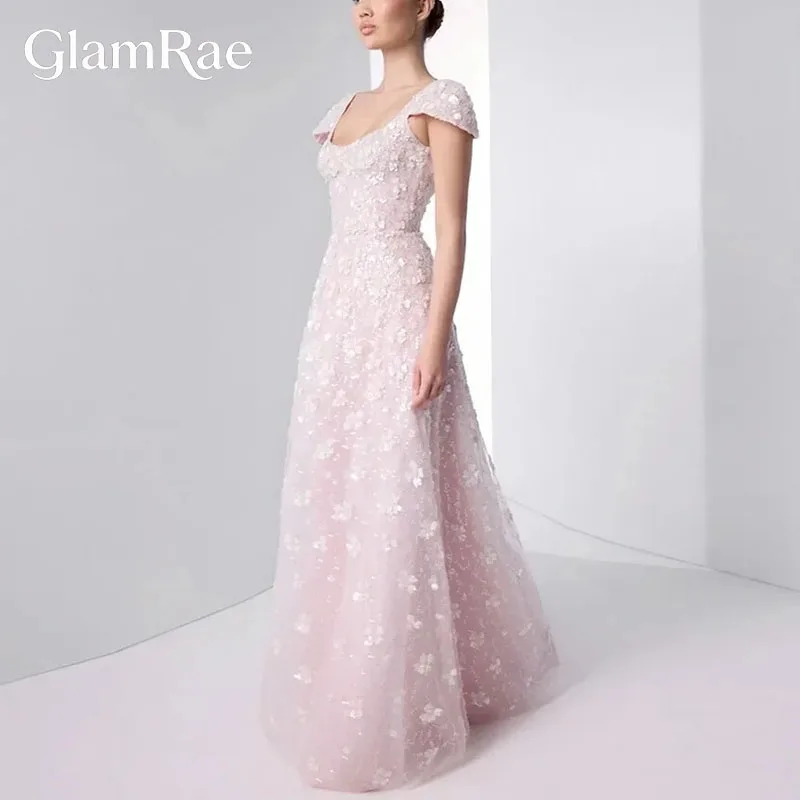 GlamRae Evening Dress Sqaure Neckline Pink Floral Luxury Beading Long Dress Open Back Wedding Party Prom Gowns