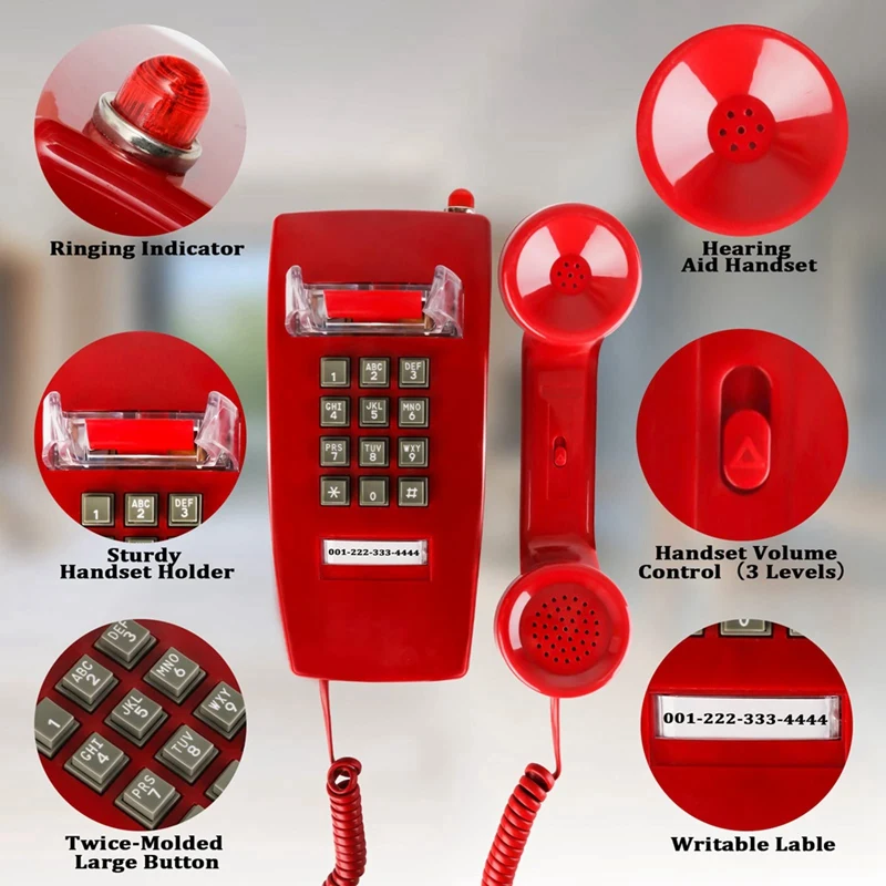 Classic Wall Phones For Landline With Mechanical Ringing, Single Line 2554 Wall Telephone With Voicemail Indicator Durable Red