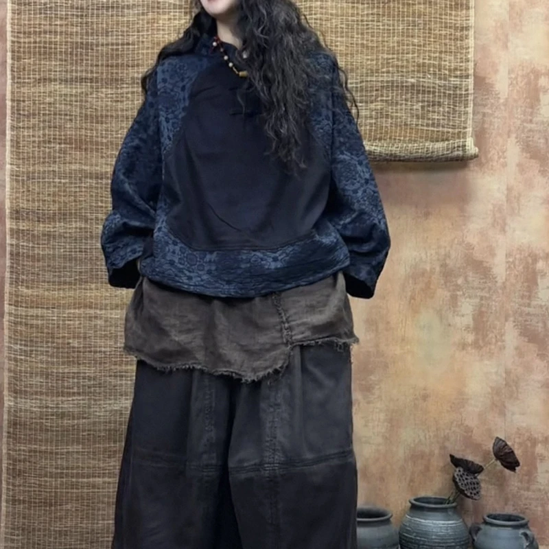 وصول جديد لربيع وخريف 2026: بلوزات نسائية كاجوال فضفاضة بأكمام طويلة وياقة دائرية، مطبوعة بتصميم مرقع، جودة عالية من القطن والكتان، موديل S159