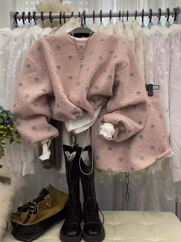 

Korean Sle Polka Dot Lamb Fur Set Women's round Ne Dstring Warm Sweatirt Slimming ort Skirt Trendy Two-Piece Set