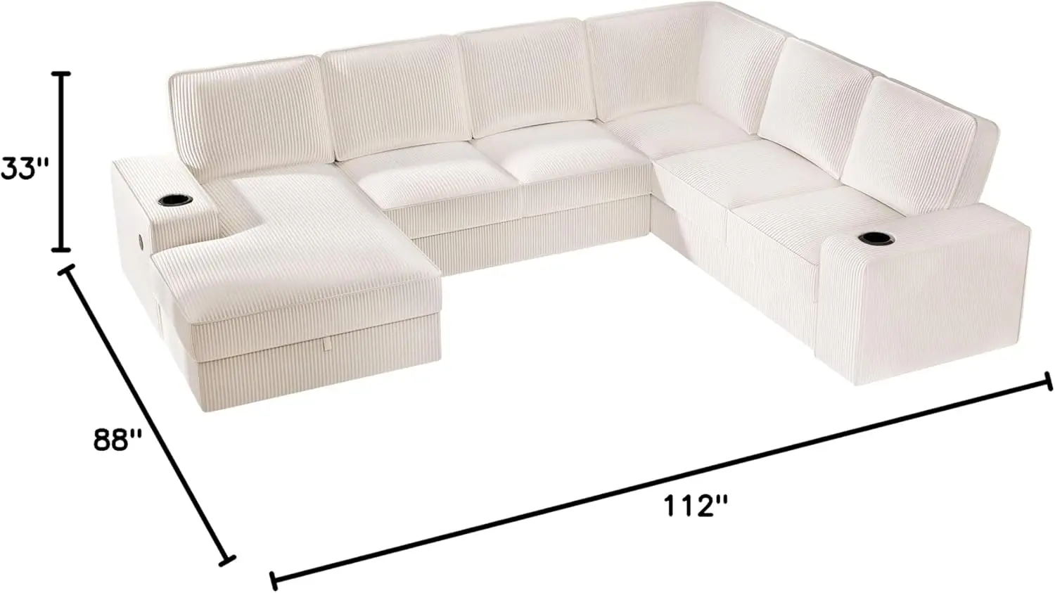 U Shaped Sofa, 7 Seater Sofa with USB Ports, Sectional Sofa Couch with Storage Chaise, Corduroy Beige