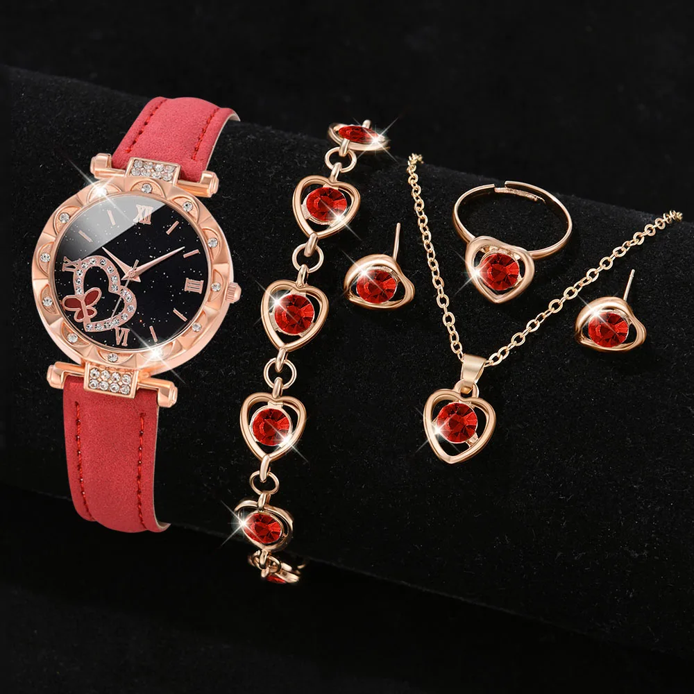 Red Ladies Quartz Watch 6PCS/Set Butterfly Heart Element Wristwatch PU Leather Strap Women Watch Jewelry Set Gift For Mom