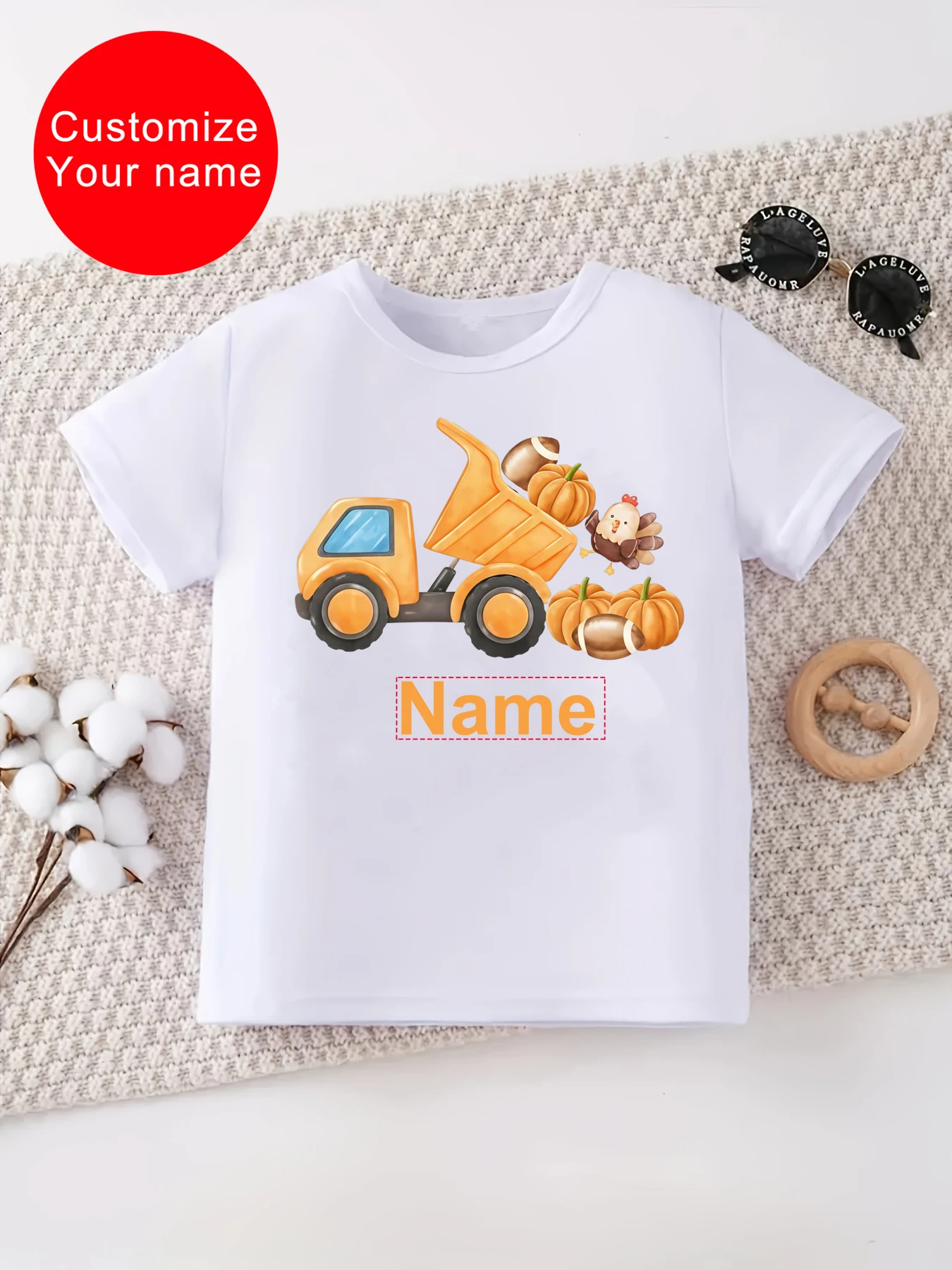 Customize Your Name Bulldozer Pumpkin Turkey Printed T Shirt Boys Thanksgiving Gift T-Shirt Funny Kids Clothes