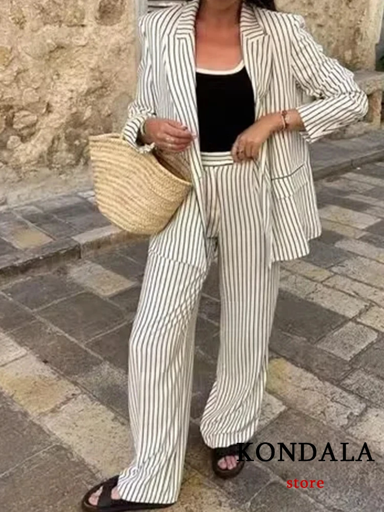 KONDALAVintage Striped Office Lady Women Suit Fashion 2023 autunno pendolare manica lunga Casual Blazer pantaloni a gamba larga a vita alta