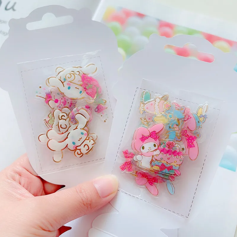 Anime Kawaii Kuromi My Melody Cinnamoroll KT Cute Cartoon Ice Cream Cup Stereo Crystal Sticker Pack DIY Handbook Stickers Gift