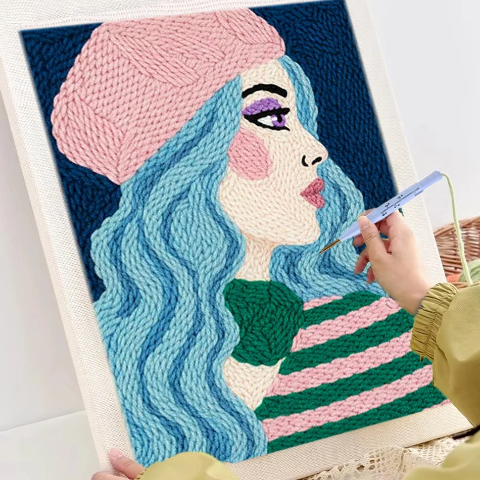 

﻿ Punch Needle Kit For Beginners DIY Fashion Lady Punch Needle Embroidery Set Portrait Yarn Sewing Kits Living Room Decoration