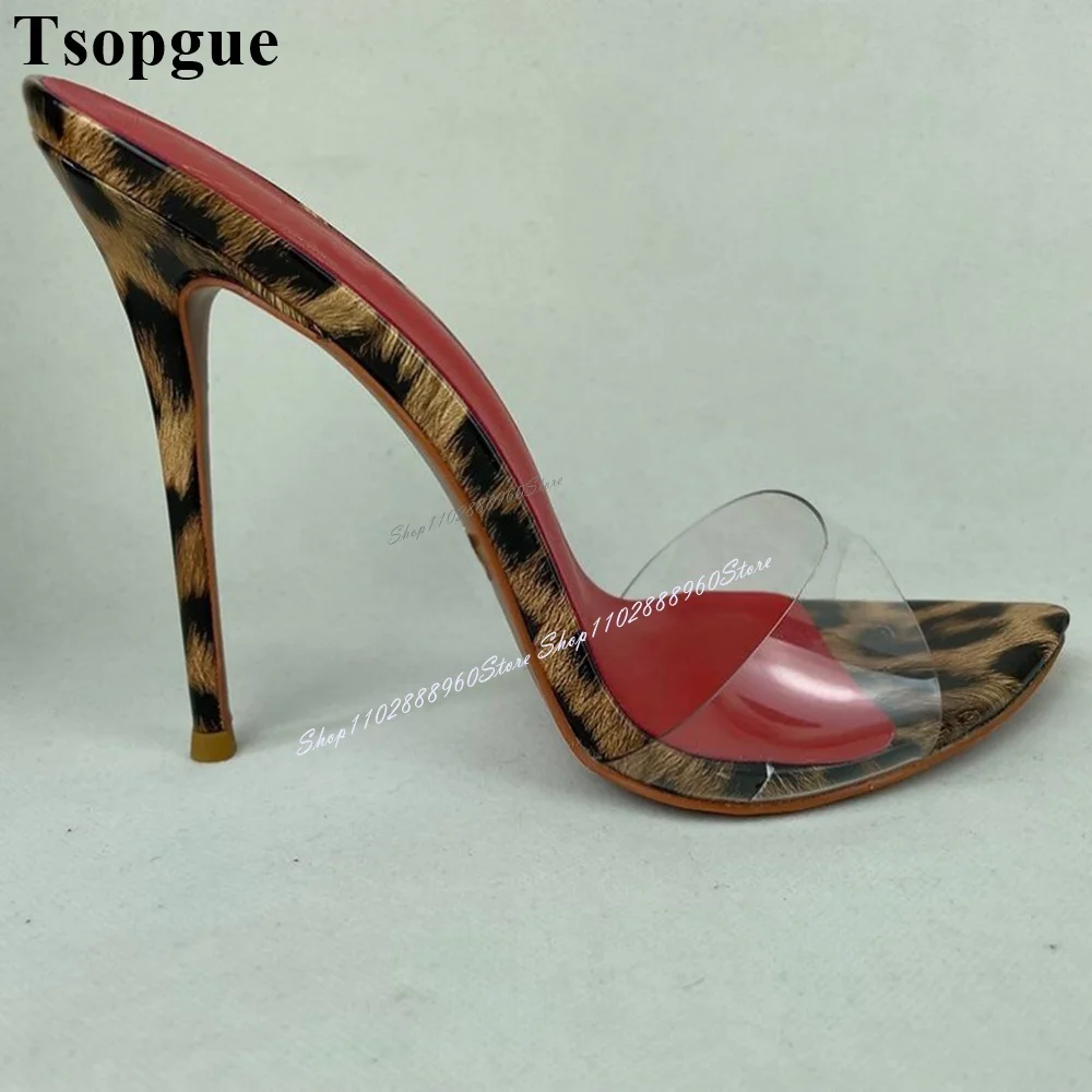 Sexy Leopard Print PVC Patchwork Slippers Cut Heel Thin High Heel Women Shoes Slip On Peep Toe 2024 Fashion Zapatos Para Mujere