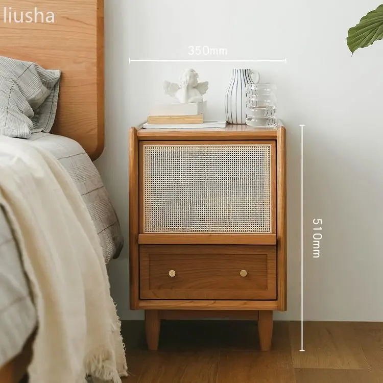 Mesita de noche de madera maciza nórdica, estilo japonés, mini casillero de ratán, cajón de dormitorio simple, armario de almacenamiento, sofá,