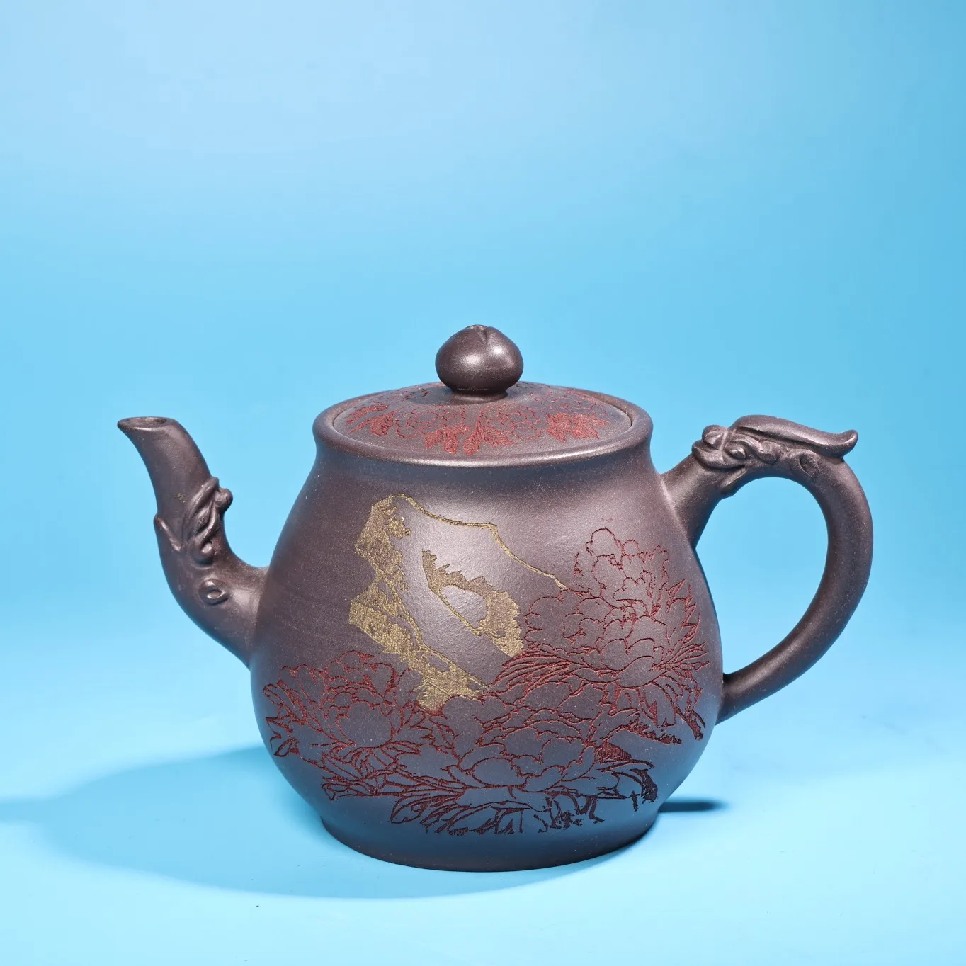 Raw purple clay ore high-end Purple Clay Teapot Painted Peony Pattern Dragon handle teapot Teapot Pot Tea Maker Ornaments