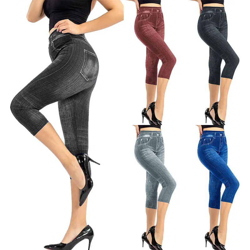 

Women's Stretch Capri Pants 2022 Summer Imitation Denim Leggings Skinny Calf Length Pant Ladies 3/4 Trousers Slim Short Leggings